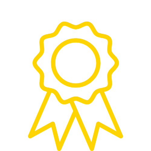 Yellow outlined prize ribbon or award badge icon on black background.